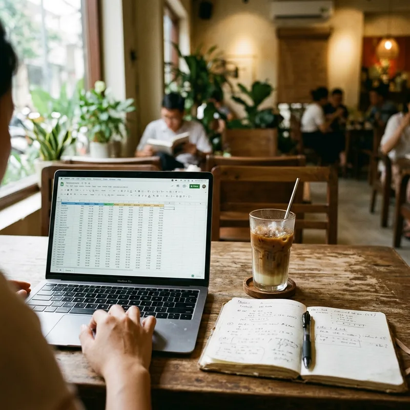 Laptop showing a plan comparison spreadsheet on a table with an iced coffee and a notebook