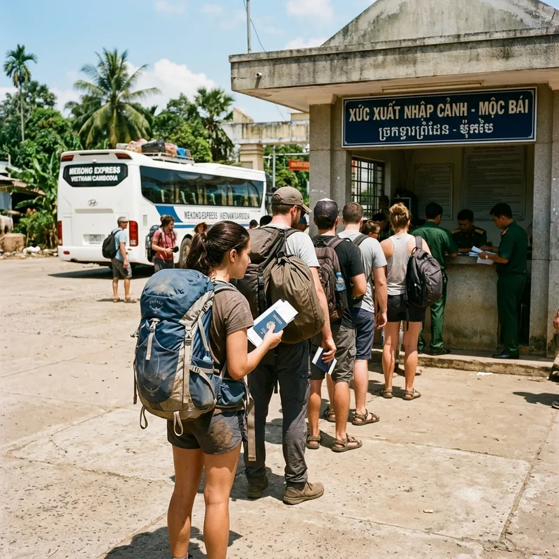 Bus passengers waiting with passports at a land border crossing between Vietnam and Cambodia