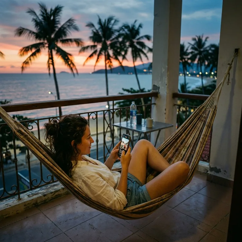Traveler streaming video on a phone from a hammock on a hotel balcony at dusk