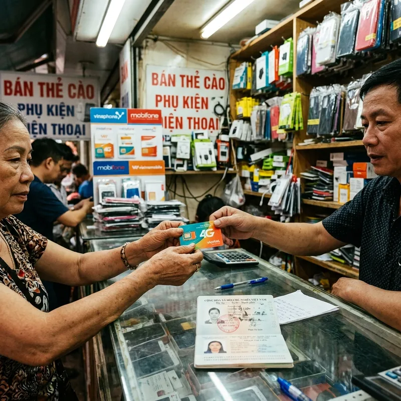 Shop assistant handing a SIM card across a counter in a small Vietnamese phone shop