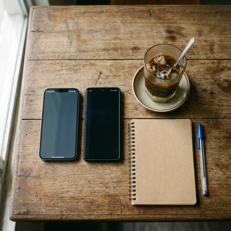 Two phones lying side by side on a wooden table beside a notebook and a glass of Vietnamese iced coffee